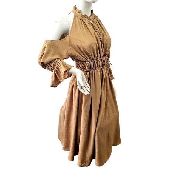 SHEIN Premium Gatherd Flowy Midi Dress Women S Cold Shoulder Halter Neck Tan NEW - Picture 2 of 8